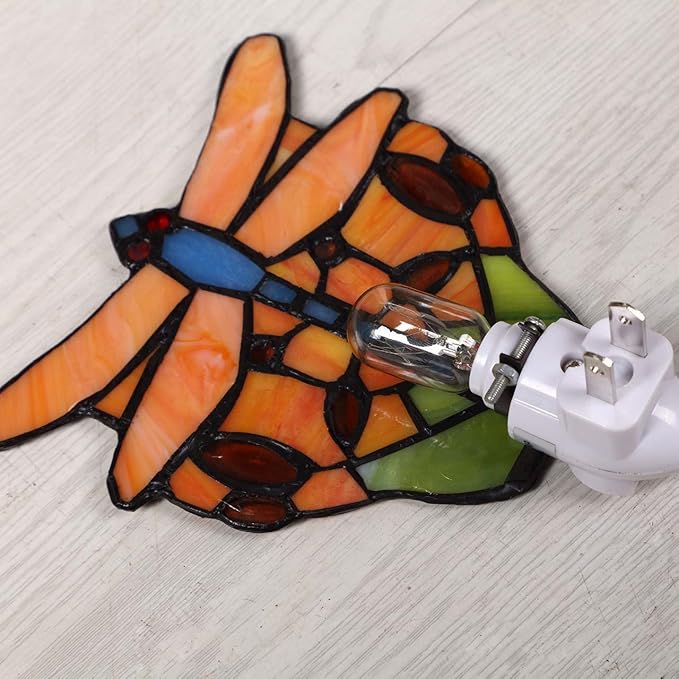 Bieye L11401 Tiffany Style Stained Glass Dragonfly Wall Lamp with Plug-in Night Light Socket for Home Decor
