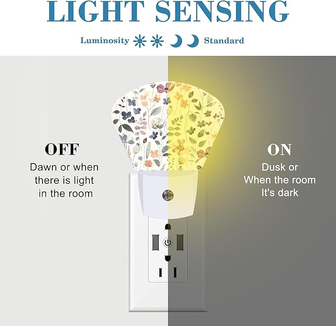 Watercolor Flowers Night Light for Kids Girls Boys, Leaves and Plants LED Night Light Plug into Wall with Dusk to Dawn Sensor for Bedroom, Hallway, Kitchen, Bathroom, Stairs Decor