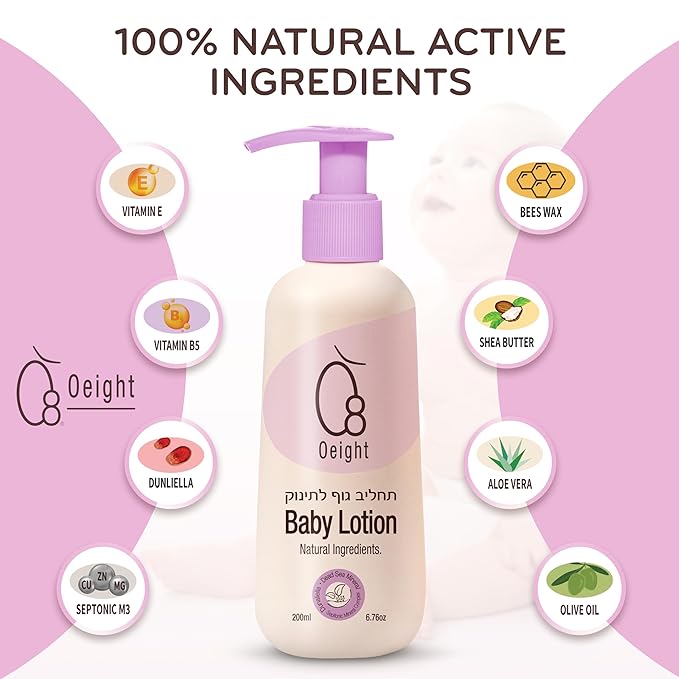 Oeight Baby Lotion is a natural body lotion for newborns and infants, ideal for sensitive skin. This gentle moisturizer soothes, softens, and nourishes, making it perfect for kidswith dry