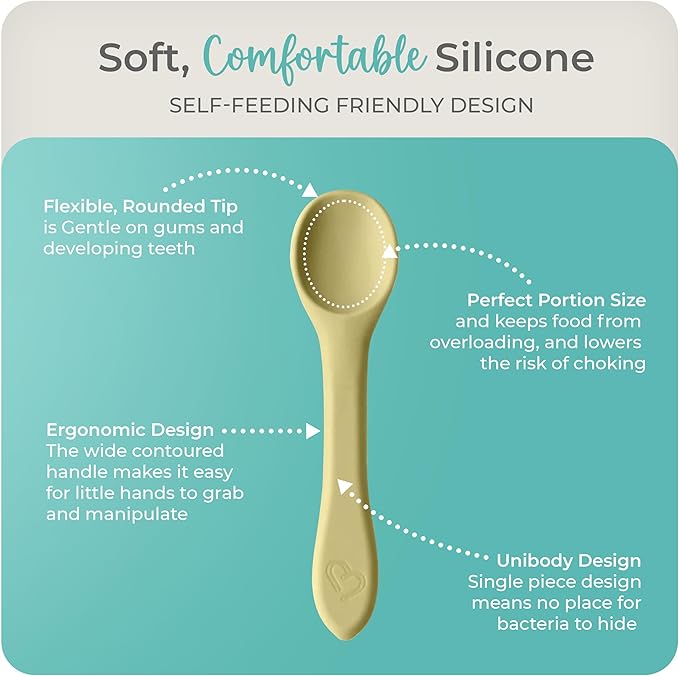Mason Bottle Silicone Baby Spoons (2-Pack) – BPA-Free Feeding Utensils for Babies 6–12 Months – Puree Spoons with Case, Non-Toxic, Dishwasher Safe (Buttercup & Harbor)