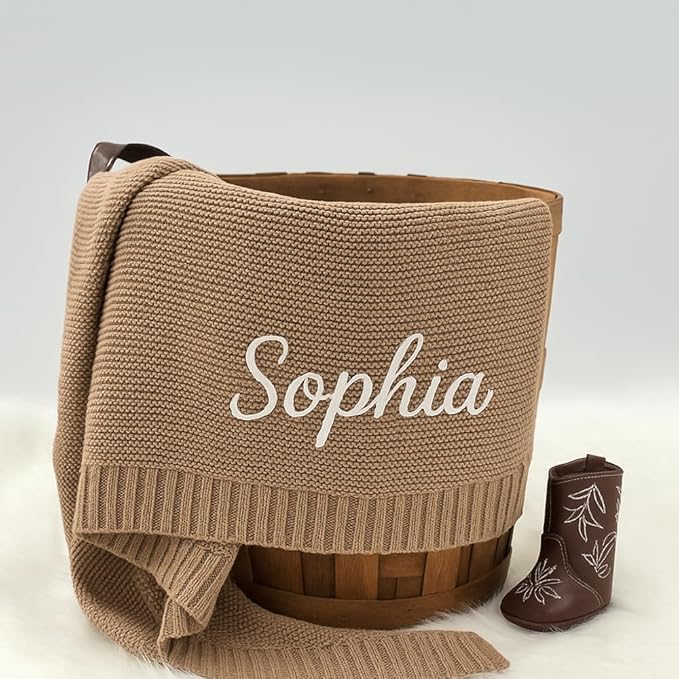 Personalized Baby Blanket with Name - Custom Embroidered Monogrammed Knitted Ruffled Blanket for Newborn, 30x40 inch, Customized Gift for Newborn Boys Girls on Birthday, Baby Shower, Christmas