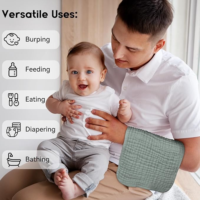 Muslin Burp Cloths for Baby 100% Cotton Burping Cloths for Boys Girls Large 20''X10'' Extra Soft and Absorbent 12 Pack - White and Green