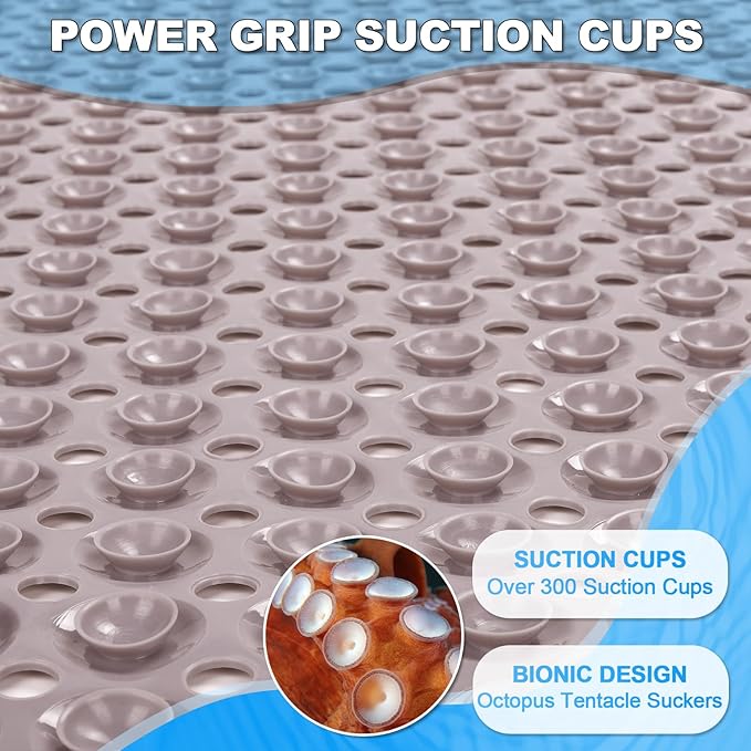 Linoows Bathtub and Shower Mats, 40x16 Inch Extra Large Non Slip Soft Bath Tub Mat with Suction Cups and Drain Holes for Bathroom Floor and Keep Tubs Clean, Machine Washable, Tan