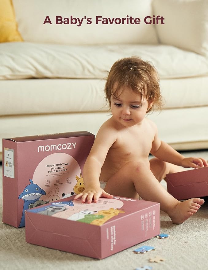 Momcozy Baby Bath Towels with Visualize Health Label - Ultra Soft & Absorbent Coral Fleece Hooded Towels for Newborn, Infant, Toddler (0-36 Months) Bath Essentials (Large Size,2 Pack)