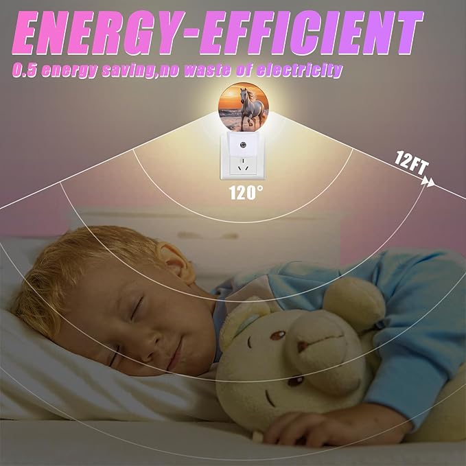 Running Horse Night Light Sunset Night Lights LED Lamp Round Plug into Wall Nightlight with Dusk to Dawn Sensor Home Hallway Stairway Kitchen Decor