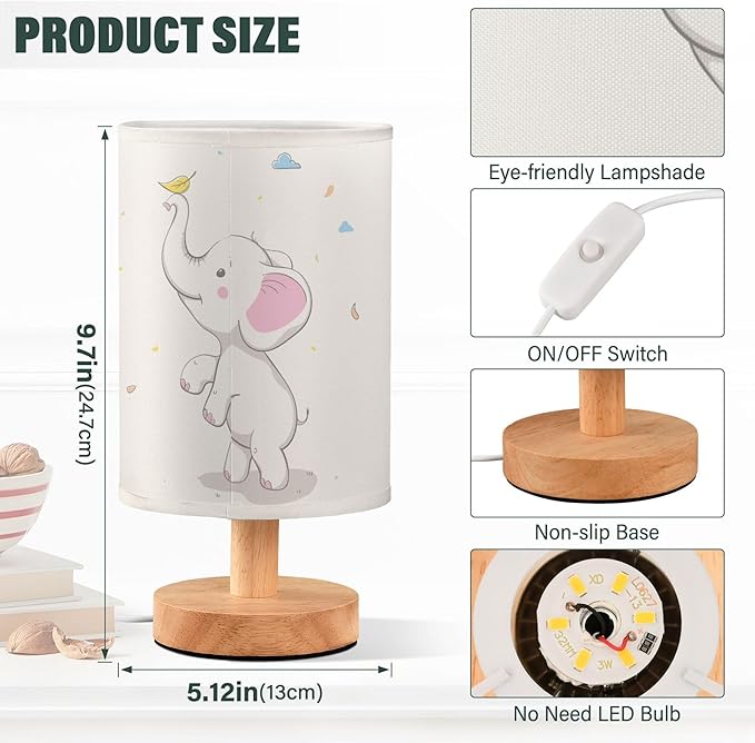Table Lamp Cute Elephant Baby Play Autumn Leaves Rain Cloud Cartoon Animal Nightstand Lamp with Wood Base Fabric Lamp Shade Bedside Desk Lamp for Living Room Bedroom Kids Room Office