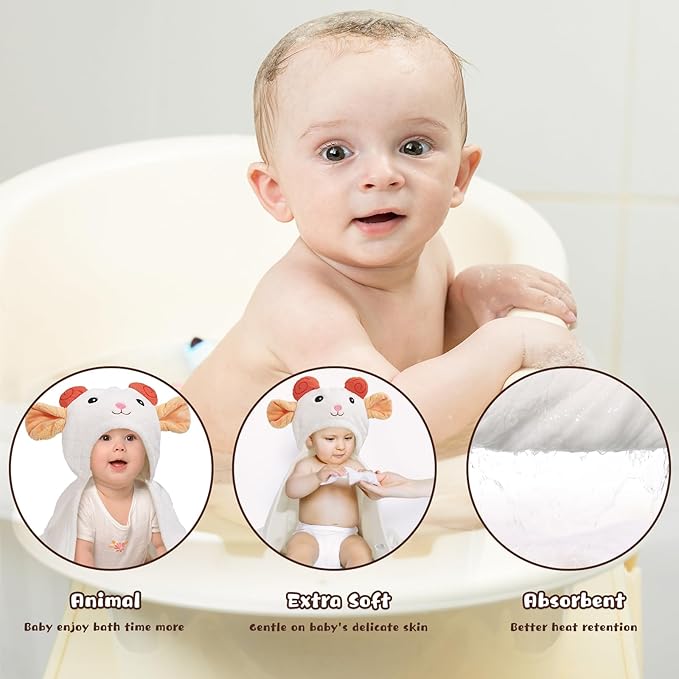 Kids Bath Towels for Boy Girl 0-5 Years, 2-Pack Soft & Absorbent Hooded Towel for Baby with Large Size50 x32, Luxuriously Thick and Plush Coral Fleece with Buttons White Sheep & Brown Owl