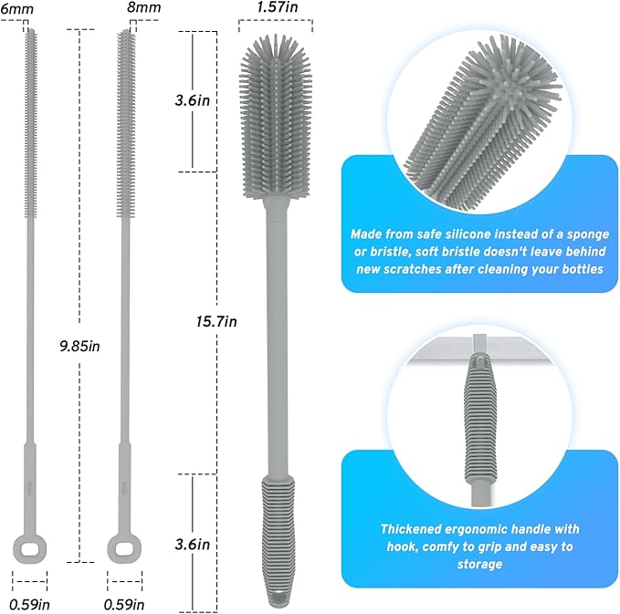 Silicone Bottle Brush Set with Straw Cleaner Brushes, Multi-Purpose Bottle and Jar Cleaner, Easy to Use and Dry, Heat Resistant Sturdy
