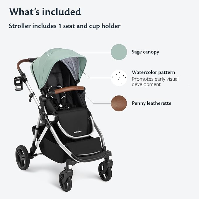 Mockingbird Single-to-Double Stroller 2.0 - Convertible Full-Size Baby Stroller for 1, 2 or 3 Kids - Includes Cup Holder - Sage