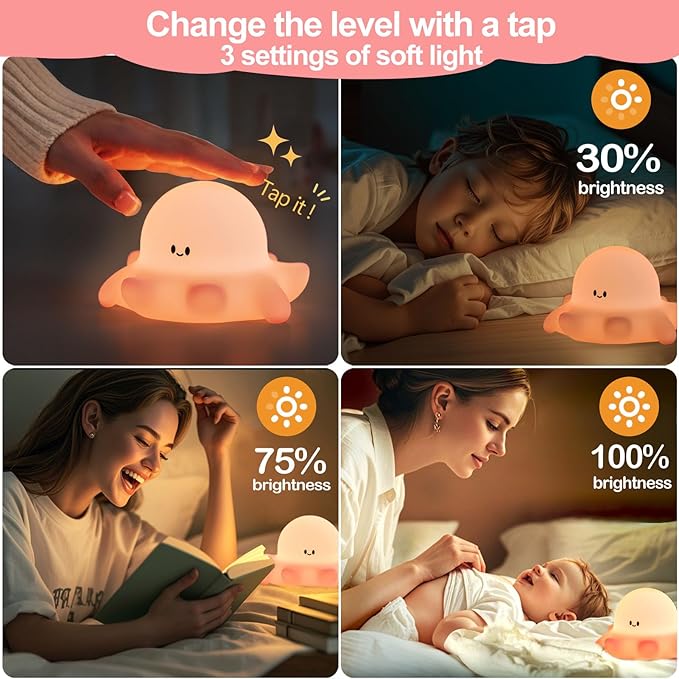 Kibbidea Touch Control Silicone Night Light for Kids, Rechargeable Octopus Nightlight with Timer, Eye Protection, Portable USB Baby Nightl lamp for Nursery, Bedroom