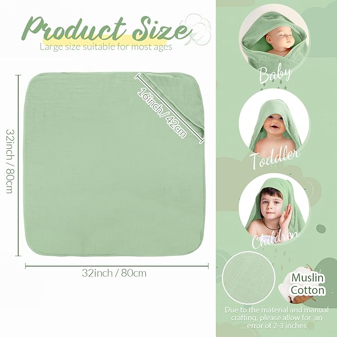 Preboun 6 Pcs Muslin Hooded Baby Towels and Washcloths 32"x 32" Cotton Newborn Bath Towel Anti-Shrink Infant Baby Blankets with Hood 12"x 12" Washcloths for Girl Boy Toddler(Ivory,Green)