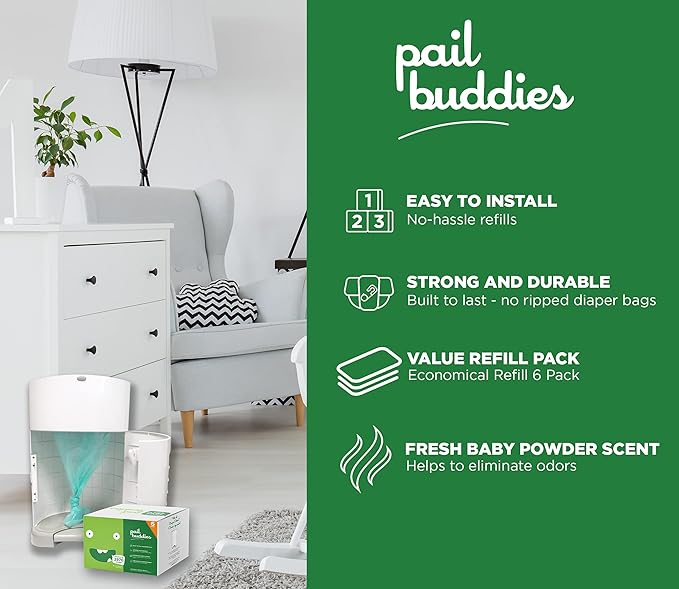 Pail Buddies Diaper Pail Refills | 6 Count | Compatible with Dekor Classic Diaper Pail | Strong, Durable Diaper Pail Refills with Fresh, Baby Powder Scent