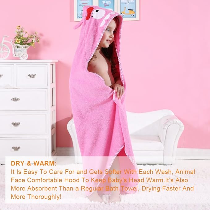 MICHLEY Animal Face Hooded Baby Towel Cotton Bathrobe for Boys Girls 0-6 Year Pink
