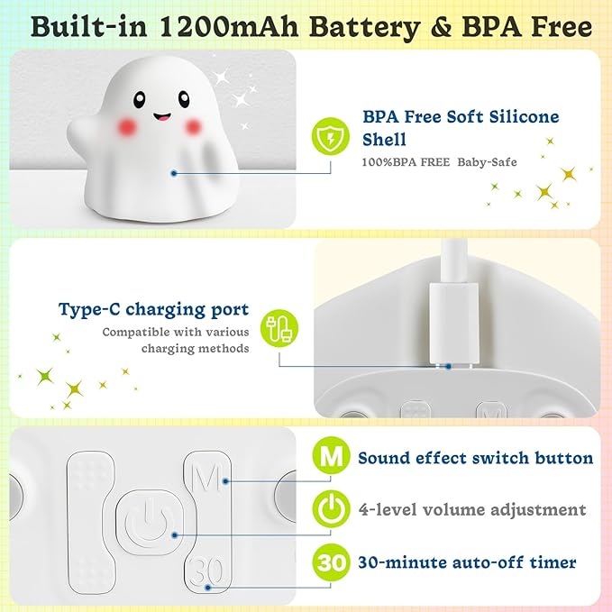 Ghost Night Light for Kids, Silicone Nursery Nightlight, RGB Rainbow Color-Changing/30-Min Timer/Touch Sensor/Rechargeable/Sounds & Sleep Music Halloween Ghost Light Decor Lamp