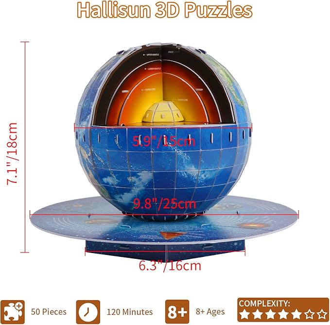 3D Puzzles for Kids Ages 8-10-12-14 Earth Globe DIY Geography Puzzle, Educational Learning Toys 3D Jigsaw World Globe Map Model Kit Teaching Aids Birthday for Boys Girls, 50 Pieces