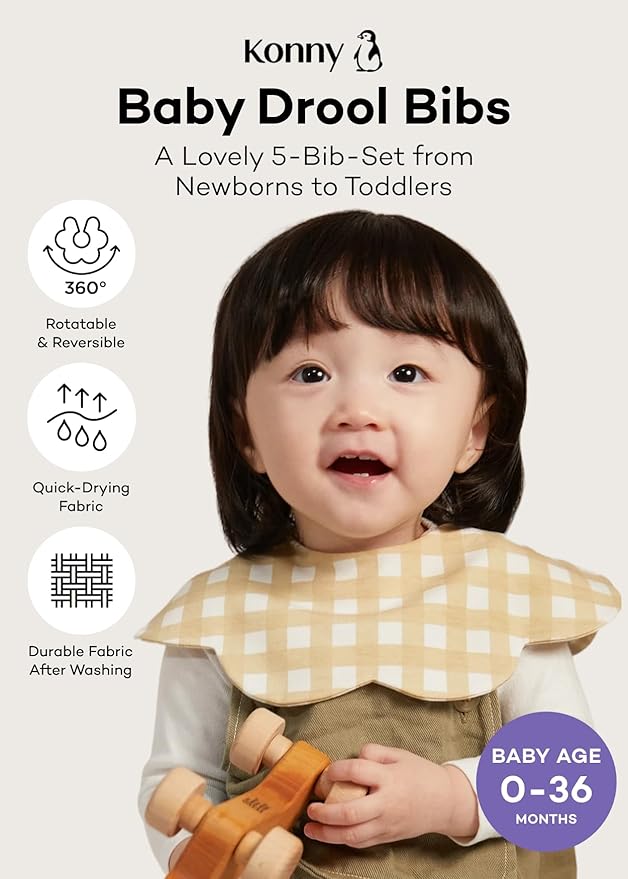 Konny Baby Bibs Set, 360 ° Rotate, Soft and Absorbent Bandana Drooling for Boys Girls baby Essentials