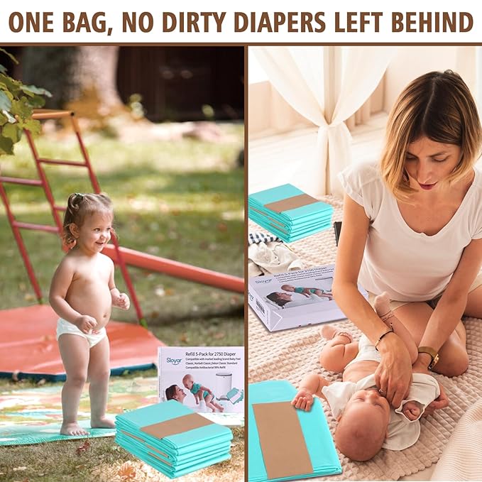 Refill Diaper Pail Bags Compatible with Dekor Classic Diaper Pails | 5 Pack | Diaper Pail Refills with 30% Extra Thickness | Baby Powder Fragrance | Holds up to 2750 Diapers.