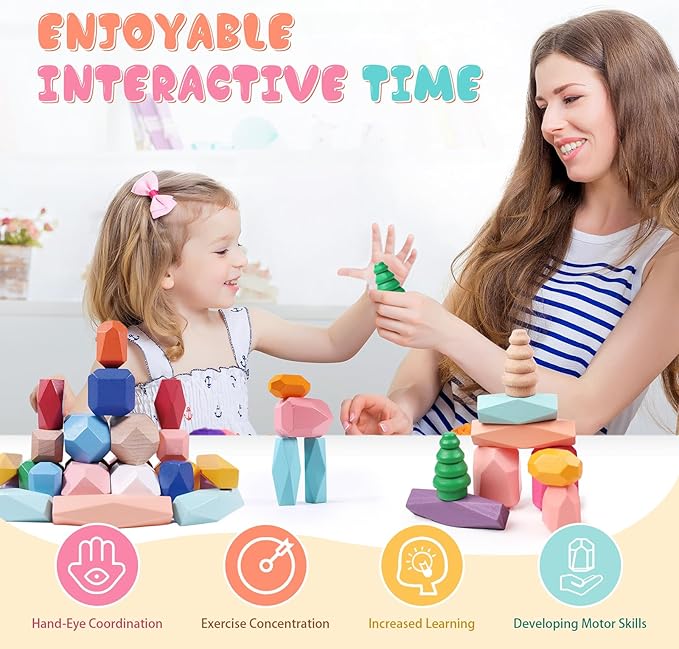 50 PCS Wooden Stacking Rocks Sensory Toys for Toddlers 3-4 Learning Montessori Building Block Toys Balancing Stacking Stones Preschool Learning Educational for Kids 3 4 5 Years Old Gifts