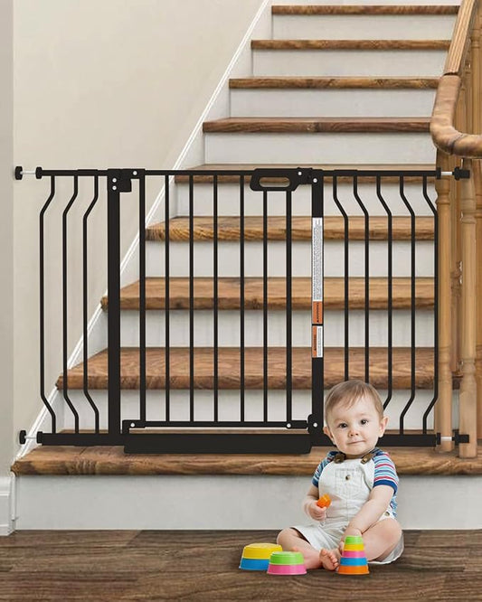 Mom's Choice-GROWNSY Baby Gate for Stairs, 30.5"-48.4" Pressure Mounted Baby Gate for Top of Stair&Doorway with Y-Spindle Rods, Anti-Trip Pedal, Wide Stairs Dog Gate Easy Install w/Red Reminder,Black