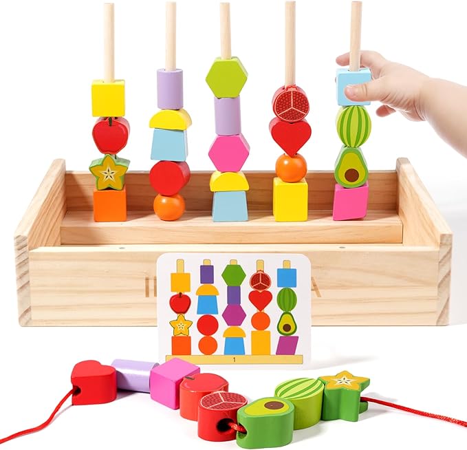 Toddler Learning Montessori Toys for 3 4 5 6 Year Old,Rainbow Stacking & Lacing Beads & Matching Shape Stacker - Wooden Peg Board Beads Sequencing Toy Set - Fine Motor Skills Toys