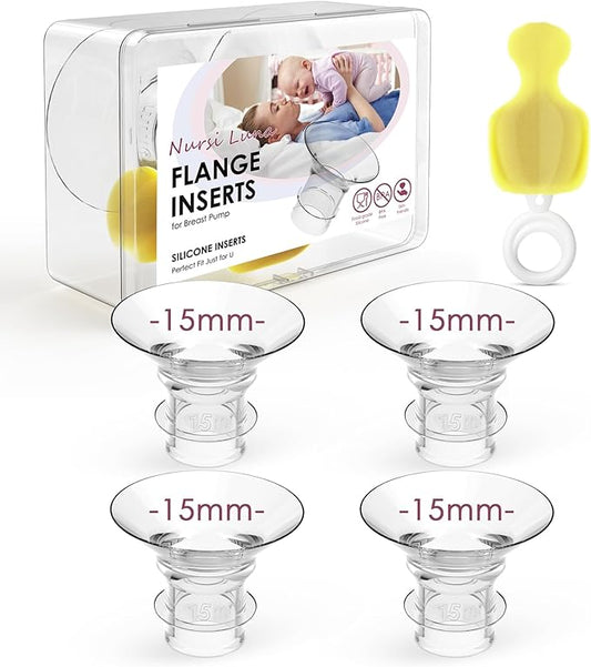 Flange Insert 15mm 4PCS for 24mm Flange/Shield, Flange Sizing Kit Silicone Flange Insert with Storage Box, Cleaning Brush, Breastfeeding Essentials Kit for Moms