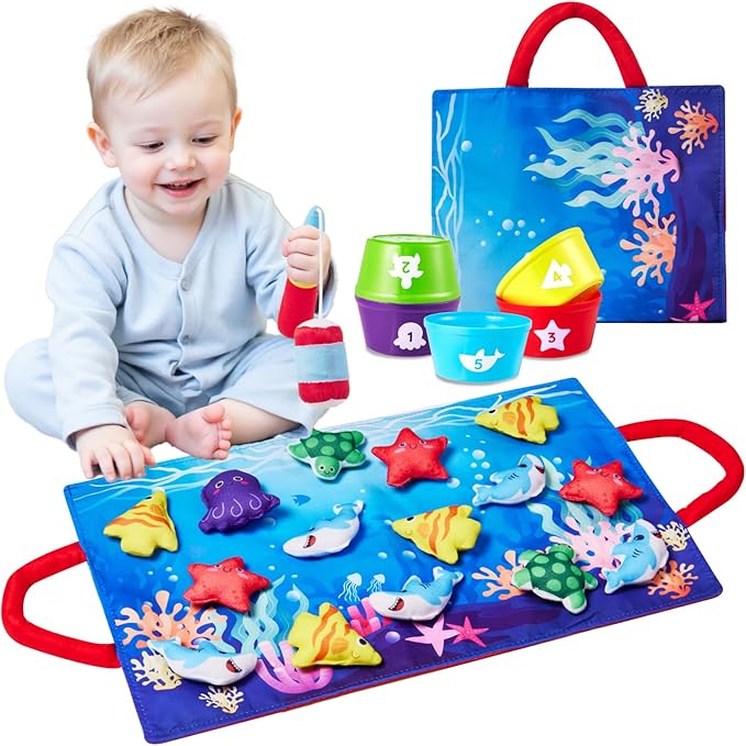 Montessori Toys for 1 Year Old: 10 In 1 Cloth Fishing Game Set with 5 Diverse Fish, 23pcs Stacking Toy Educational Learning Toy for 1 2 3 Years Old Toddler Toys Baby Boys Girls Birthday Gifts