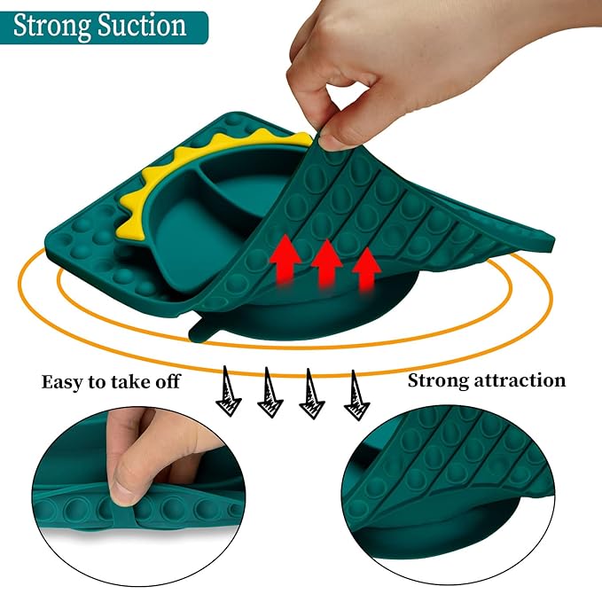 Silicone Toddler Dinosaur Feeding Placemat Set With Spoon and Forks, Baby Push Pop Bubble Suction Divided Plate Utensils, Kids Led Weaning Dish - Bubble Blue Dinosaur