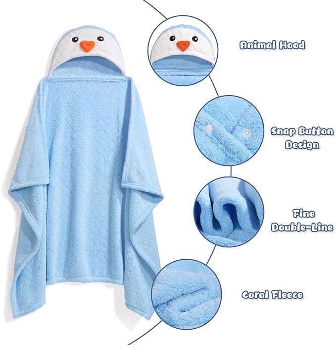 Baby Towels with Hood for 1-6, 2-Pack Toddler Bath Towel with Animal Face Soft Absorbent,Premium Coral Fleece Ultra Absorbent Thick Shower Gift for Kids Infant,White Cow &Blue Penguin Set