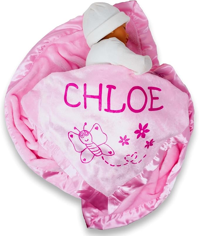 Custom Catch Personalized Girl Pink Baby Blanket Gift with Flower, Ladybug, Bee or Butterfly