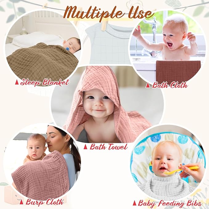 VitalCozy 12 Pcs Baby Muslin Hooded Bath Towels and Washcloths, 32 x 32 Inch Muslin Hooded Baby Towels Absorbent Blankets for Gift Newborn Infant Shower (Girl Style)