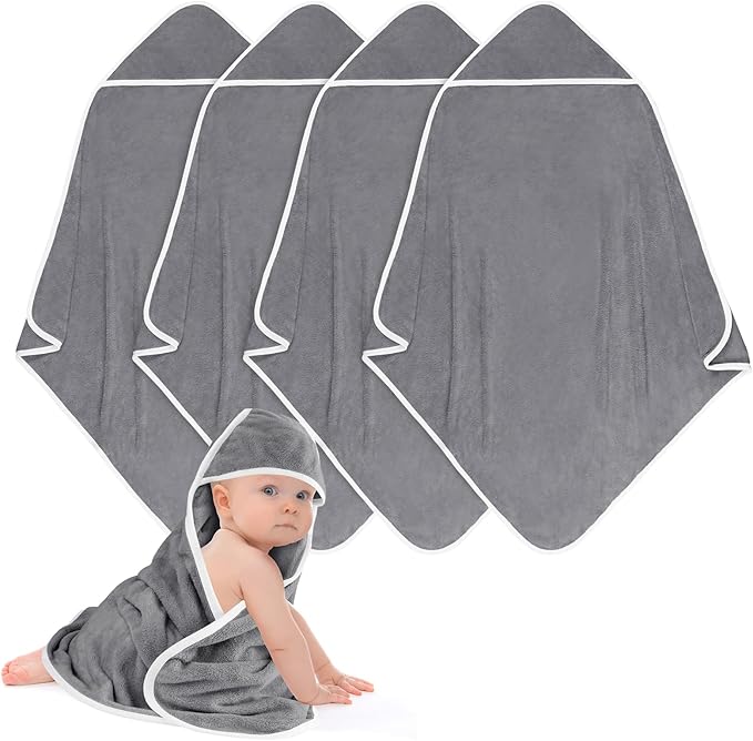 Hooded Towel for Newborn, 4 Pack Soft Coral Fleece Baby Towels, Ultra Absorbent Bath Cloths Bulk for Infants, Toddlers, Newborn Essential- 30 x 30 inch - Grey