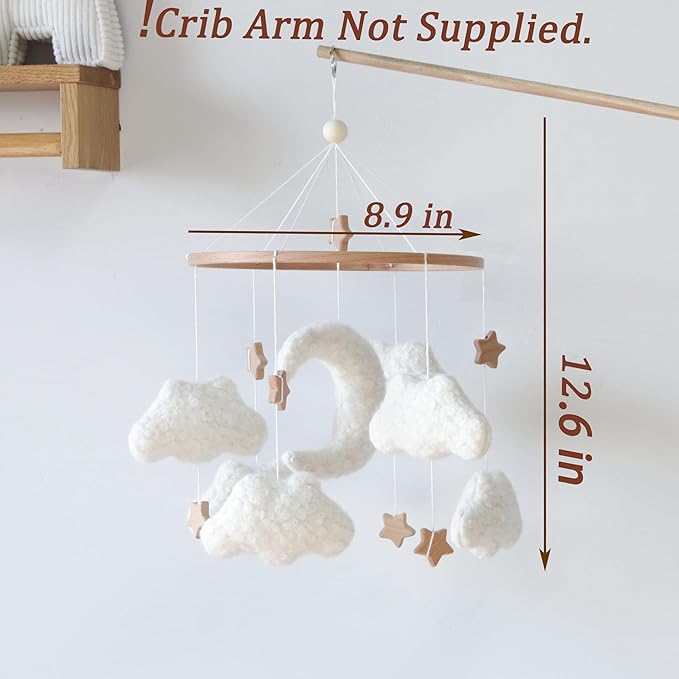 Cloud Mobile for Crib Neutral Baby Mobile for Crib Bassinet Boucle Cloud Baby Crib Mobile for Girls Boys Boho Nursery Mobiles with Wooden Stars