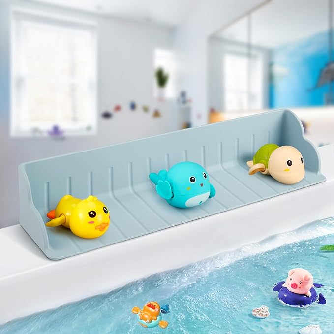 Bathtub Splash Guard for Tub, Silicone Bathtub Caddy Tray with Play Shelf, Kids Bath Tub Shelf and Organizer for Baby Bath Toys, Bath Toy Holder, Toddler Bathtub Accessories(Classic Blue)