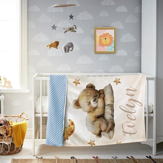 Personalized Baby Blanket, Custom Name Baby Blanket for Boys Girls, Brown Bear Double Layer Dotted Backing Receiving Swaddle Blankets, Infants Toddlers New Parents Customized Gifts(30"x40")