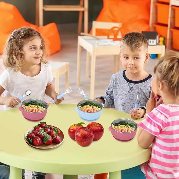 2 Pack Stainless Steel Baby Bowls with Removable Non-Slip Silicone Suction Shell, Anti Scald Food Container for Baby Food Feeding-Skyblue & Red