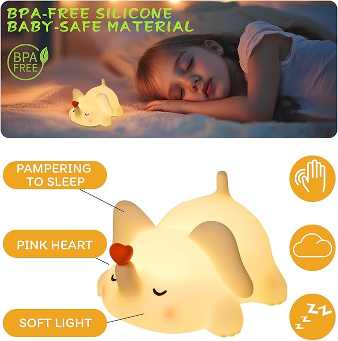 Elephant Night Light for Kids - Squishy Silicone Nursery Lamp, Cute Animal Night Light with 3-Level Dimmable & Rechargeable Battery for Baby Nursery, Bedroom