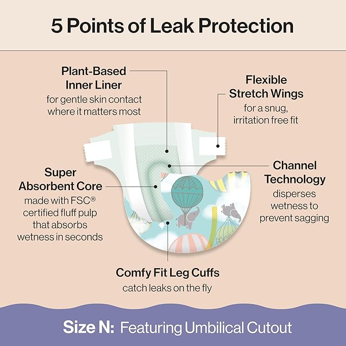 The Honest Company Clean Conscious Diapers for Delicate Skin, Up to 100% Leakproof Hypoallergenic Fragrance-Free Baby Diapers, Gender Neutral Prints, Club Box, Size Newborn, 72 Count (Prints May Vary)