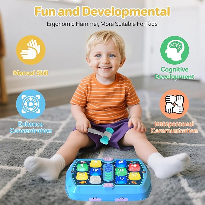 WAYKEE Whack Mole Game for Toddlers, Toys for 3 4 5 6+ Year Old Boys Girls, Interactive Toddler Boy Girl Toys with 3 Modes & 2 Hammers, Sound & Light, Birthday for 3-10 Year Old Boys Girls