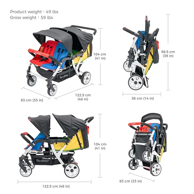 Familidoo H4E Quad Stroller Wagon for Kids, 4-Seater Daycare Baby Stroller with 5-Point Safety Harness, Lightweight & Foldable with All Reclining Seats, Double Canopy & Rain Cover – All-Terrain Wheels
