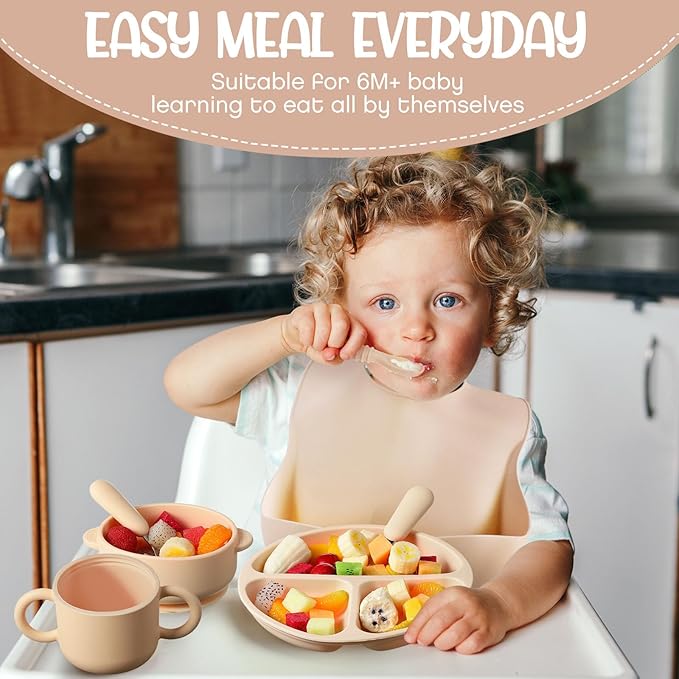 24 Pack Silicone Baby Feeding Set Baby LED Weaning Supplies Includes Suction Divided Plates Soft Bowl Spoons Forks Adjustable Bib Snack Cup and Straws(Pink, Dark Pink, Nude)