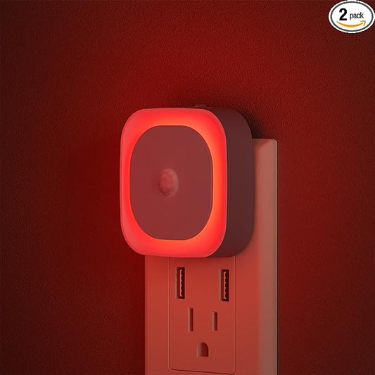 2 Pack Plug in Red Sleep Night Light with Motion Sensor & Dusk to Dawn Sensor, Soft Glow, Dimmable, LED Lights for Bedroom, Sleep, Baby Nursery, Kids, Toddler, Bathroom, Hallway, Home Decor