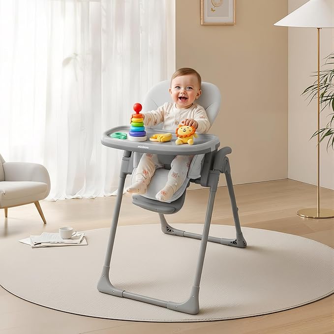 High Chair, Foldable High Chairs for Babies and Toddlers, Adjustable Height, Backrest and Footrest, Removable Tray, Gray