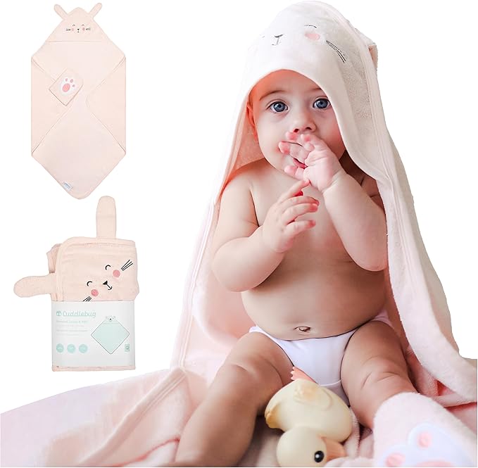 CuddleBug Hooded Baby Bath Towel & Washcloth Set (Bunny) - 100% Cotton Terrycloth Hooded Baby Towels for Newborn & Toddler, Super-Soft & Ultra-Absorbent, Newborn Essentials (30" x 30") - Blush Pink