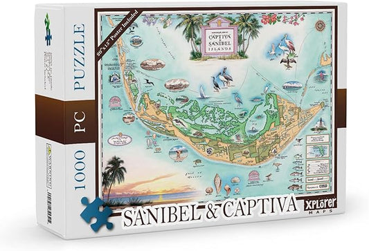 Sanibel-Captiva Islands Map Cardboard Jigsaw Puzzle - 1000 Pieces, Hand-Illustrated - Educational, Family Activity, Ages 7+, Includes Poster - 25.4 x 19.8