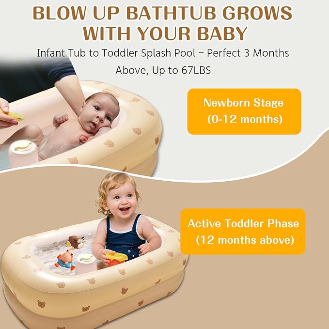 Inflatable Baby Bathtub Built-in Air Pump, Portable Travel Baby Bath Tub, Blow up Toddler Pool Seats for Babies Sitting up, Foldable Bathing Infant Shower Basin for Newborn 3 Months and up (Bear)