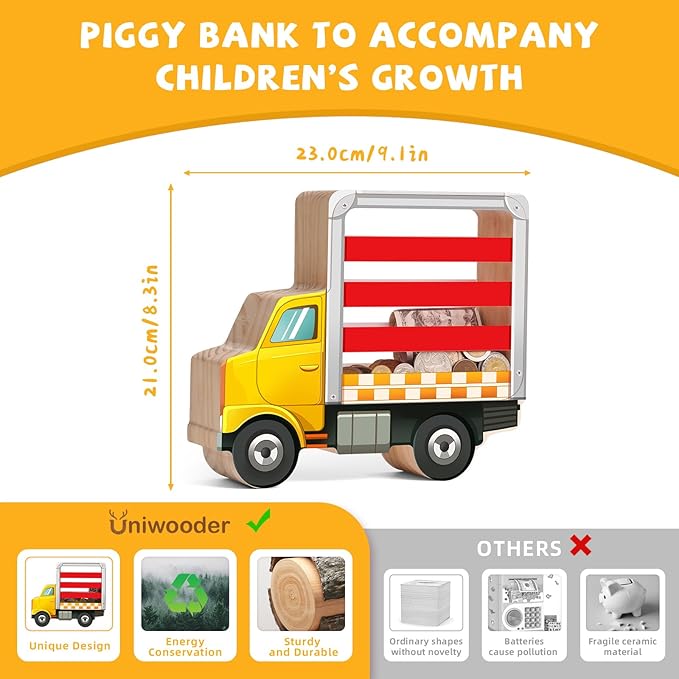 Wooden Piggy Bank for Kids, Truck Piggy Bank with Acrylic Panels, Unbreakable Toddler Money Box for Boys and Girls, DIY Kids Safe Coin Box with Letter Sticker, Birthday Gift