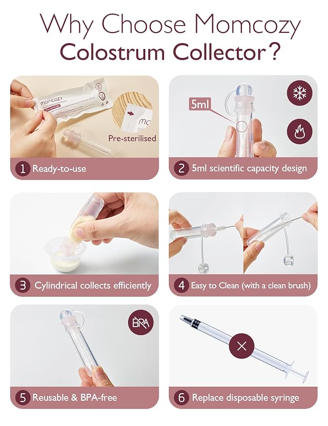 Momcozy Colostrum Collector Reusable Breast Milk Collector with Storage Case and Cotton Wipe, Portable Colostrum Container BPA Free, Multi-Use Collector 5ml-6pcs
