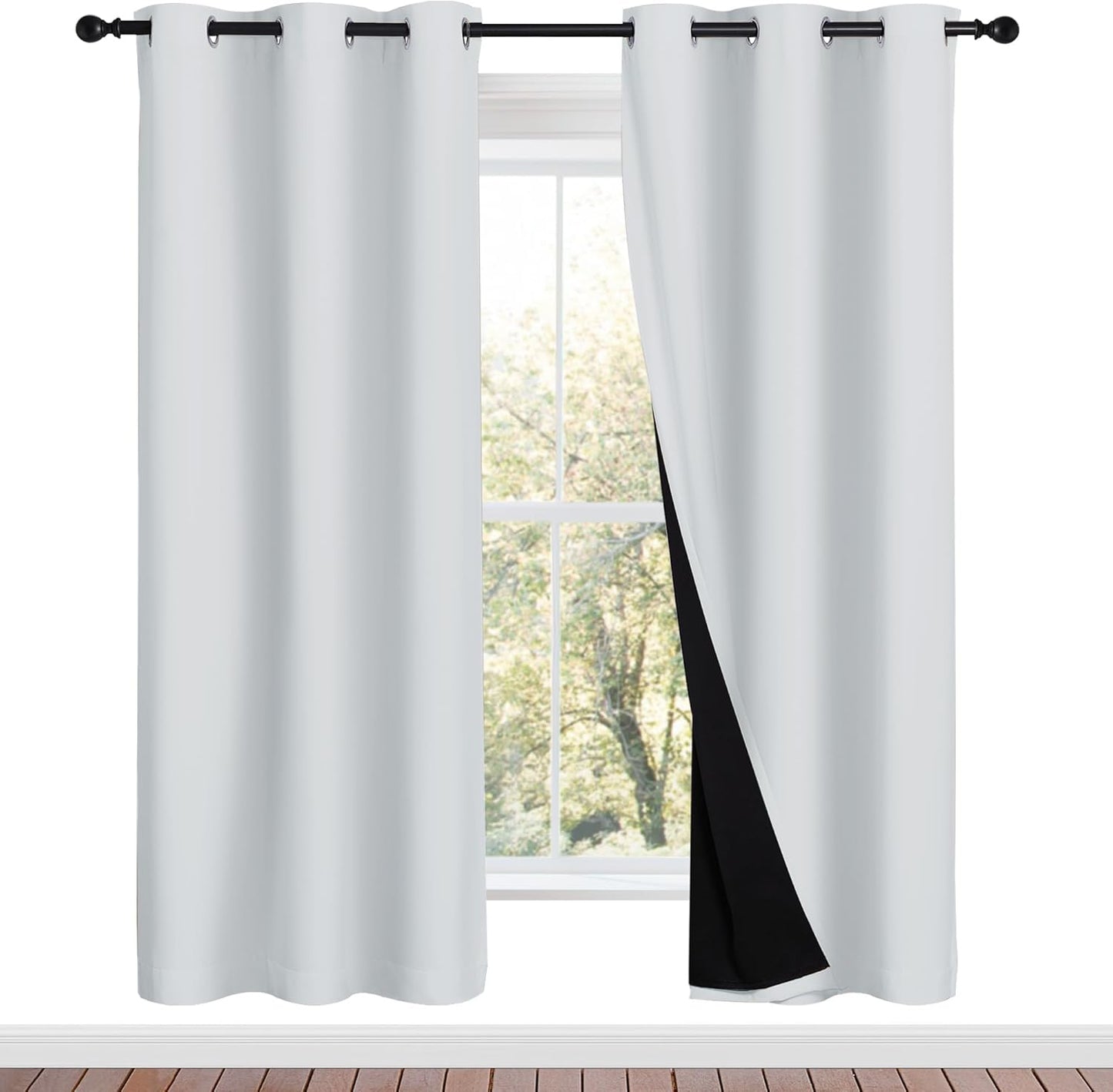 NICETOWN 100% Blackout Window Curtain Panels, Greyish White, 2 Pieces, 42-inch Wide Per Panel, Full Light Blocking Drapes with Black Liner for Nursery, 72-inch Drop Thermal Insulated Draperies