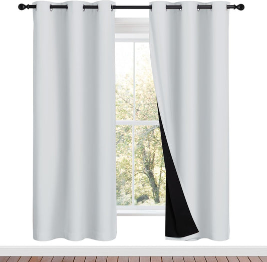 NICETOWN 100% Blackout Window Curtain Panels, Greyish White, 2 Pieces, 42-inch Wide Per Panel, Full Light Blocking Drapes with Black Liner for Nursery, 72-inch Drop Thermal Insulated Draperies