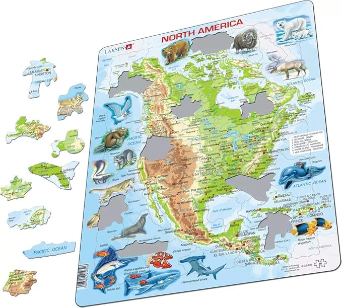 Larsen Puzzles North American Map with Animals 66 Piece Children's Educational Jigsaw Puzzle